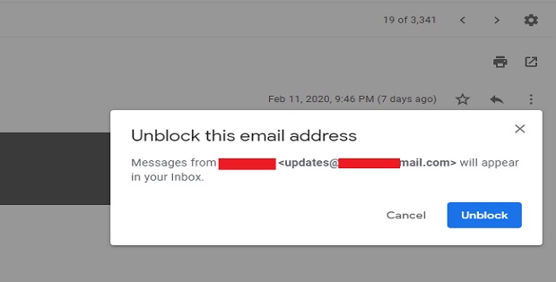 Click unblock button to Unblock the email address