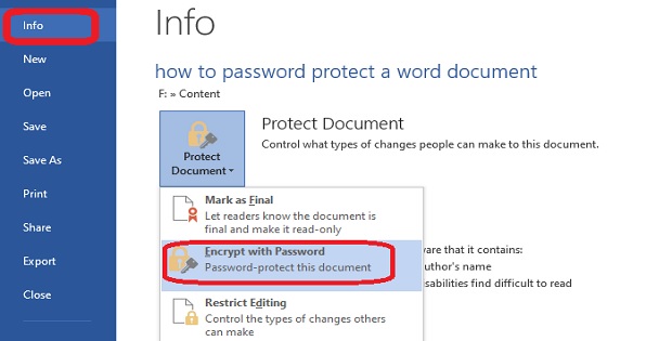 Click Protect document to password protect a Word document